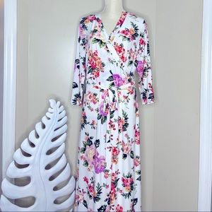 White Pink Green Yellow Floral Long Sleeve Belted Faux Wrap Maxi Dress Size 2X